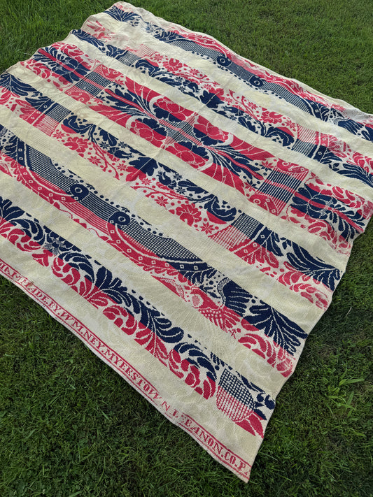 Mid-1800s (Red/White/Blue) Commissioned Coverlet - Made by M. Myers for N.J. Bandon Co. P.