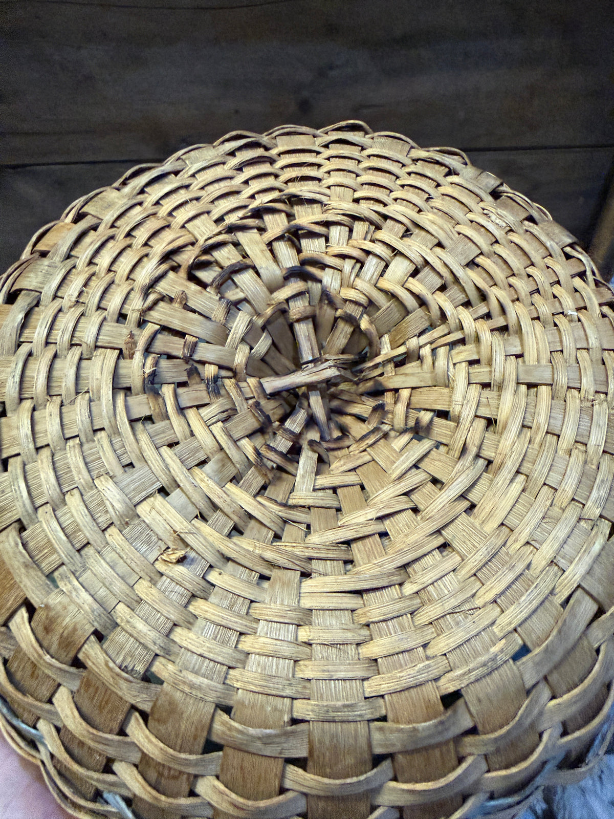 Early Handwoven Splint Basket with Blue/Red Painted Banding