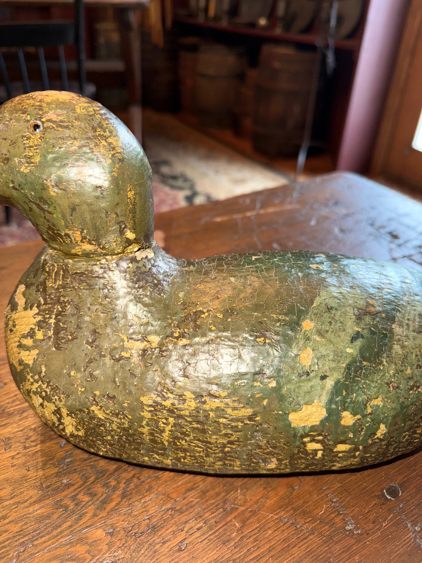 Early 1900s Mason Duck Decoy With Early Green and Brown Paint