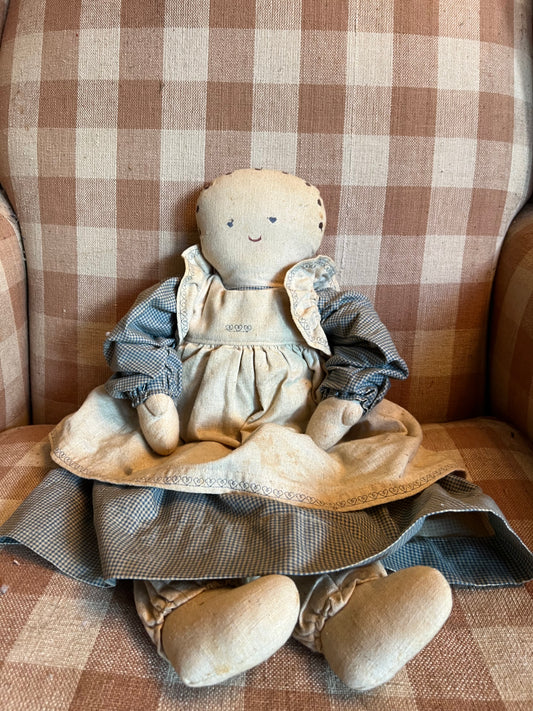 Primitive Rag Doll in Gingham Blue Dress & Embroidered Apron