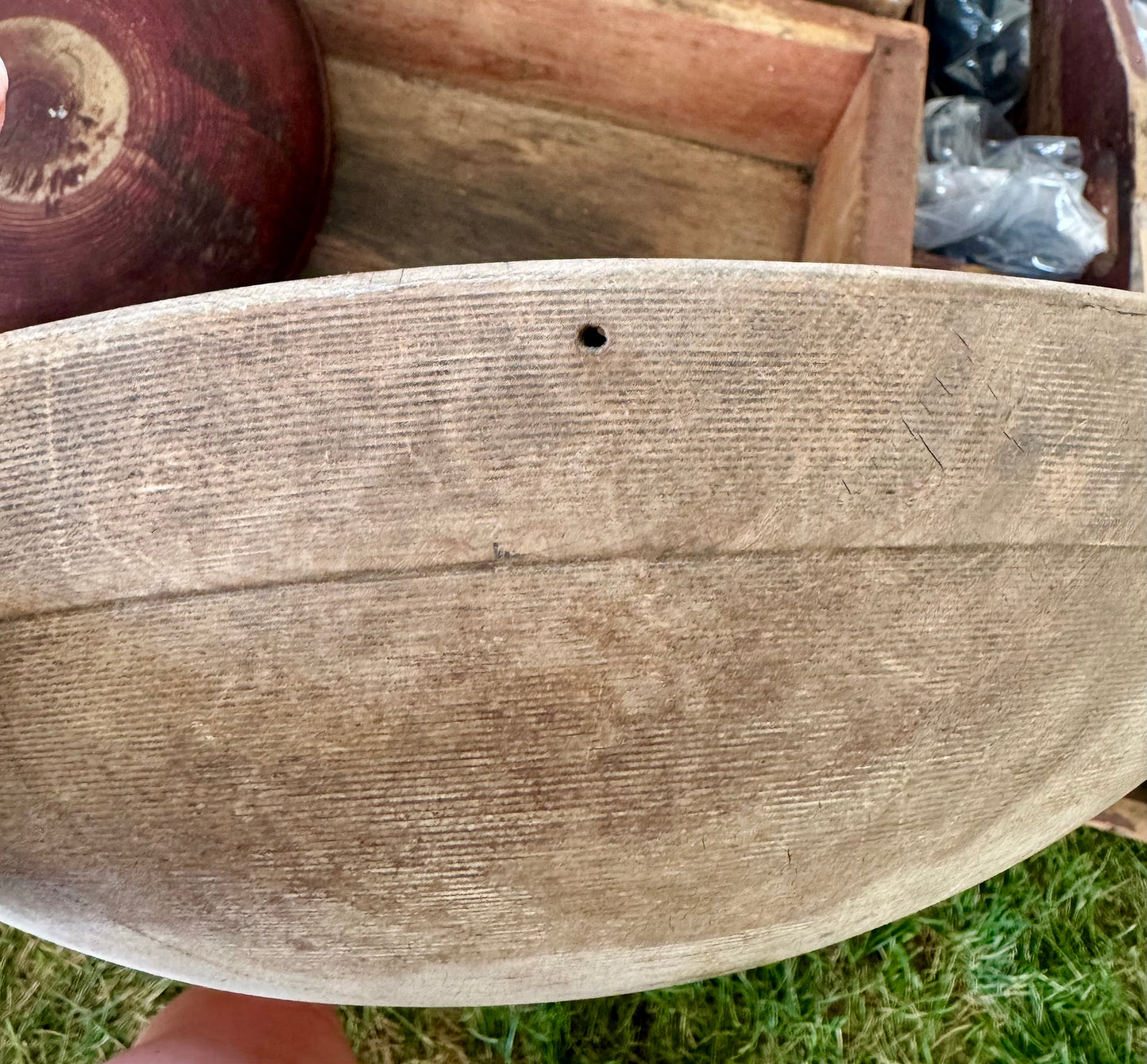 Early Wooden Bowl with Traces of White Paint - 17”