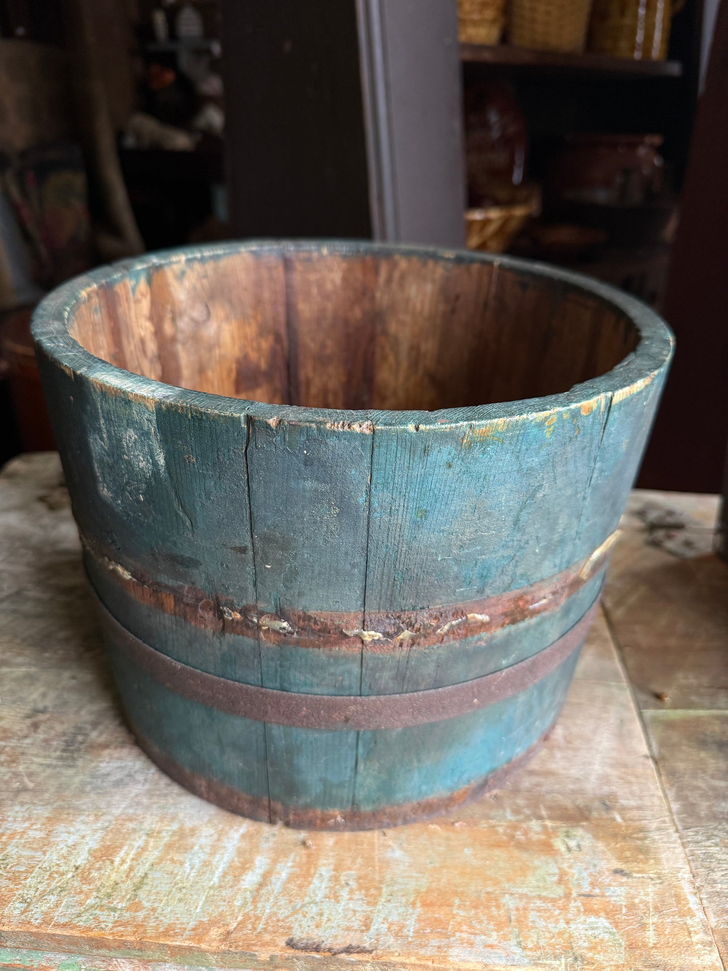Mid-1800s Wooden Staved Bucket in Original Blue/Green Paint