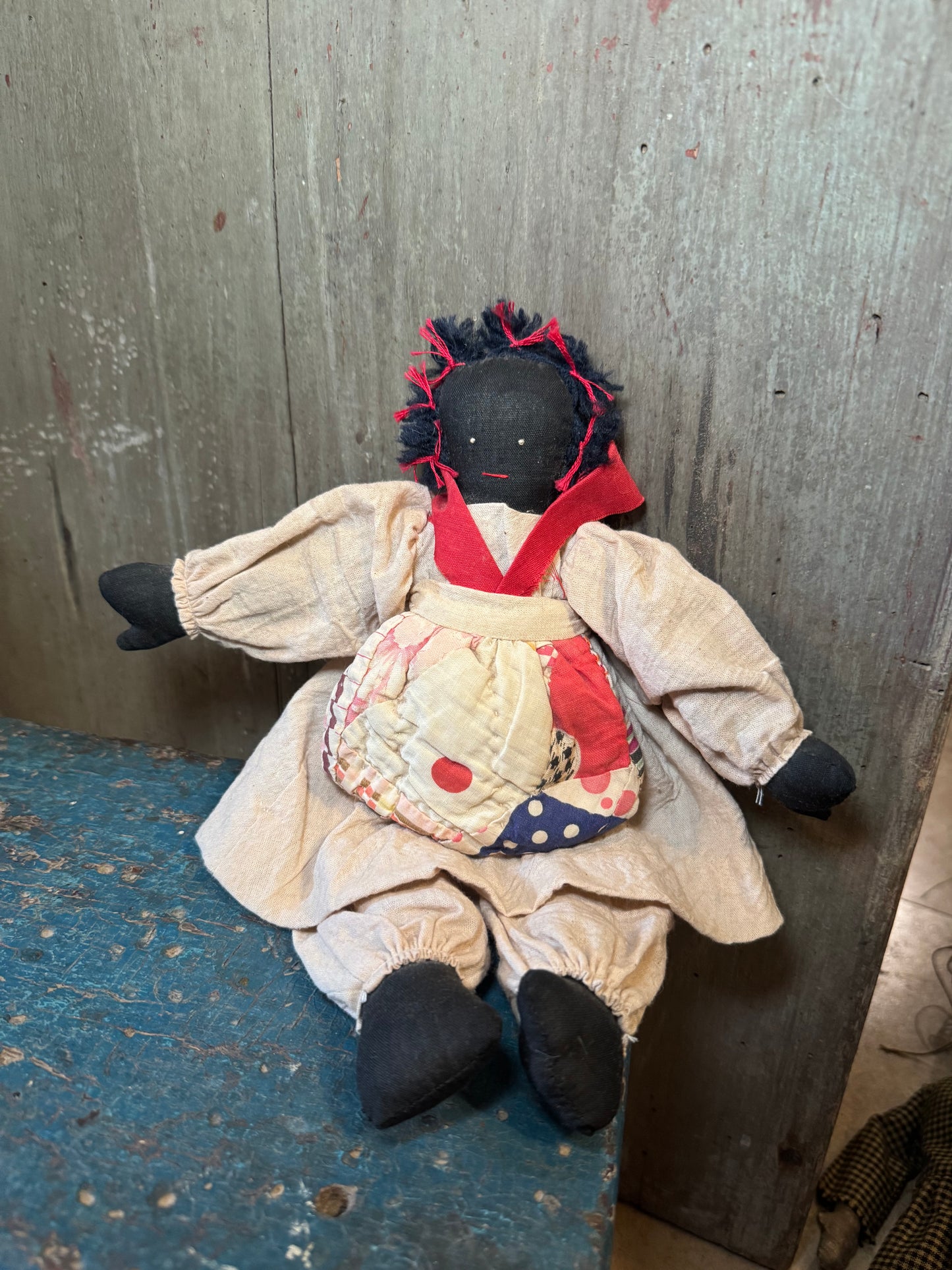 Handmade African American Cloth Doll with Patchwork Quilt Apron