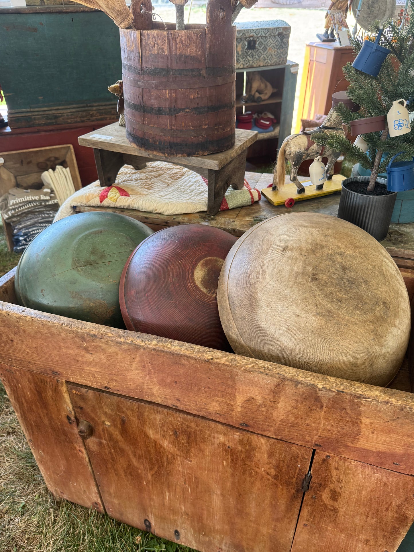 Early Wooden Bowl in Original Red Paint - 14”