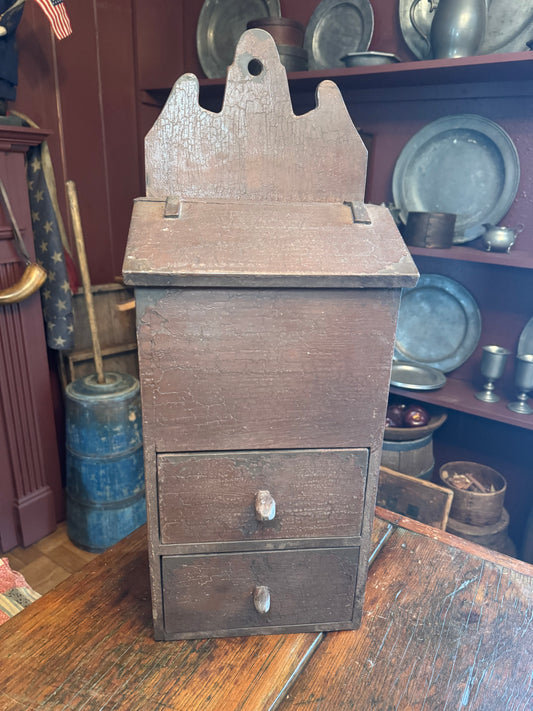 Reproduction Wall Cupboard: Flip Top, 2 Drawer, Leather Strap Hinges