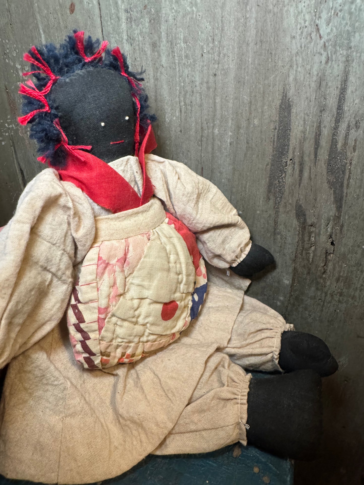 Handmade African American Cloth Doll with Patchwork Quilt Apron