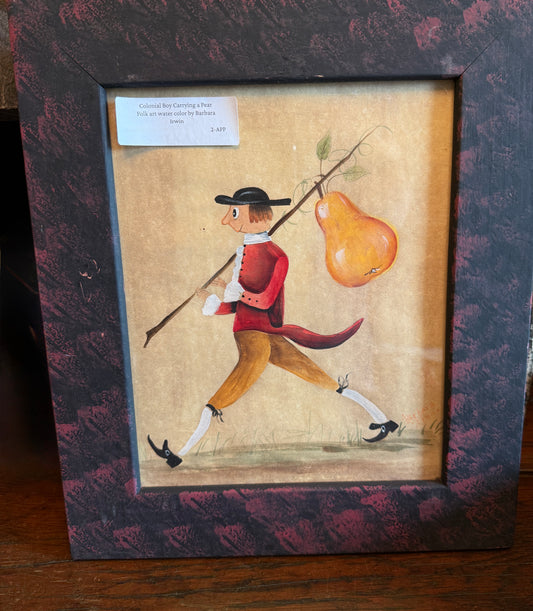 Folk Art Watercolor by Barbara Irwin - Colonial Boy Carrying pear