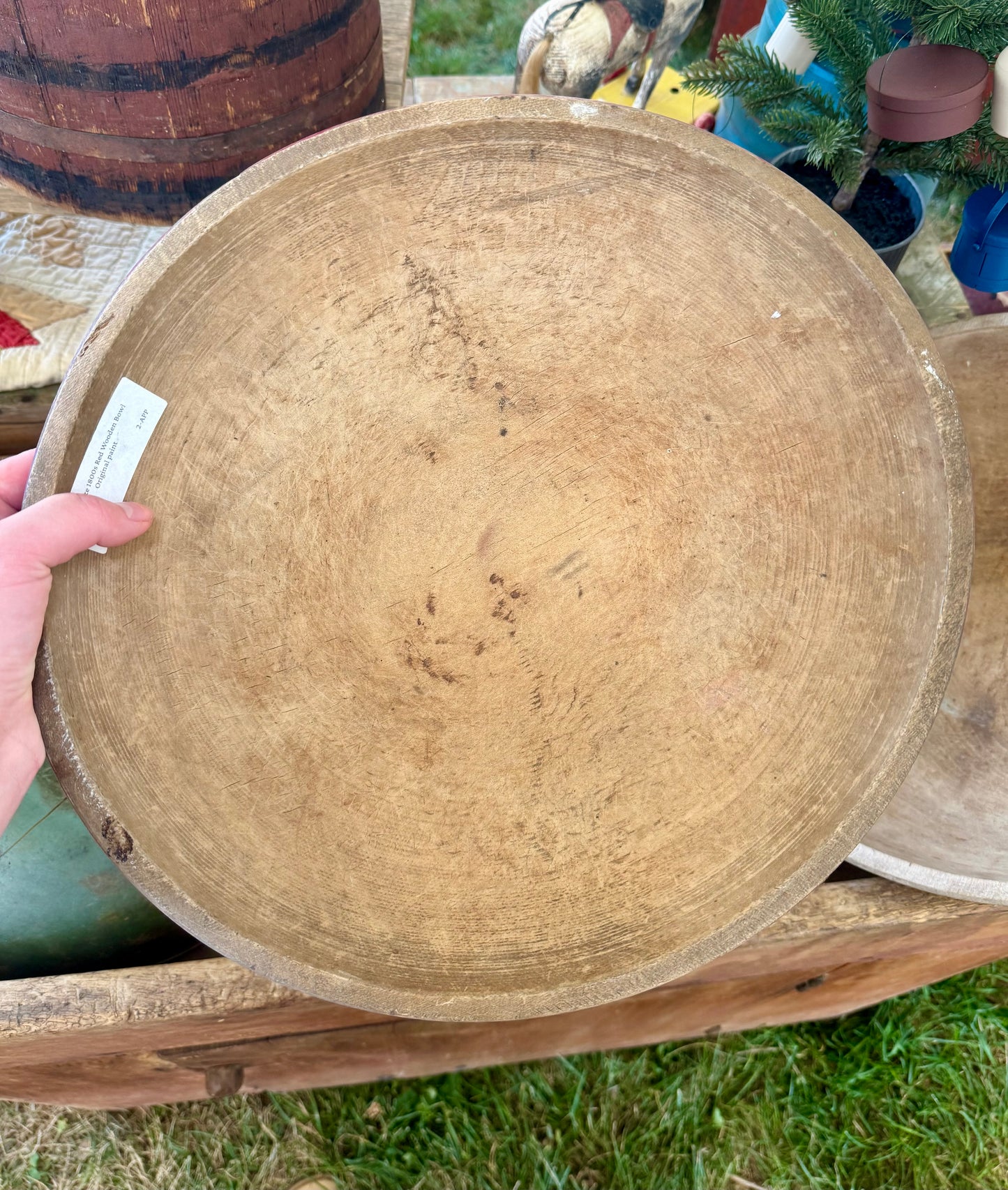 Early Wooden Bowl in Original Red Paint - 14”