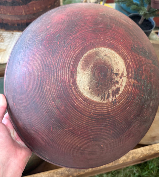 Early Wooden Bowl in Original Red Paint - 14”