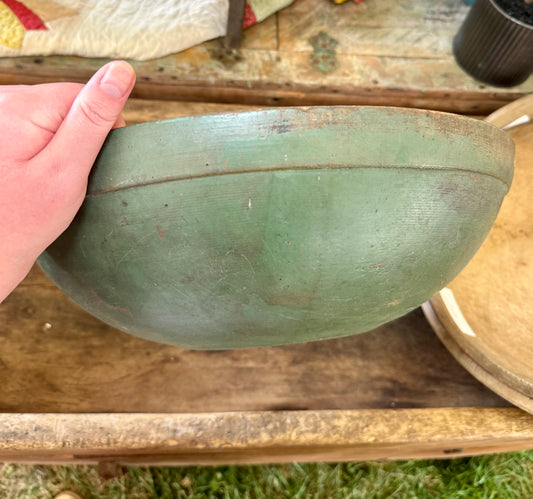 Early Wooden Bowl in Original Green Paint - 15”