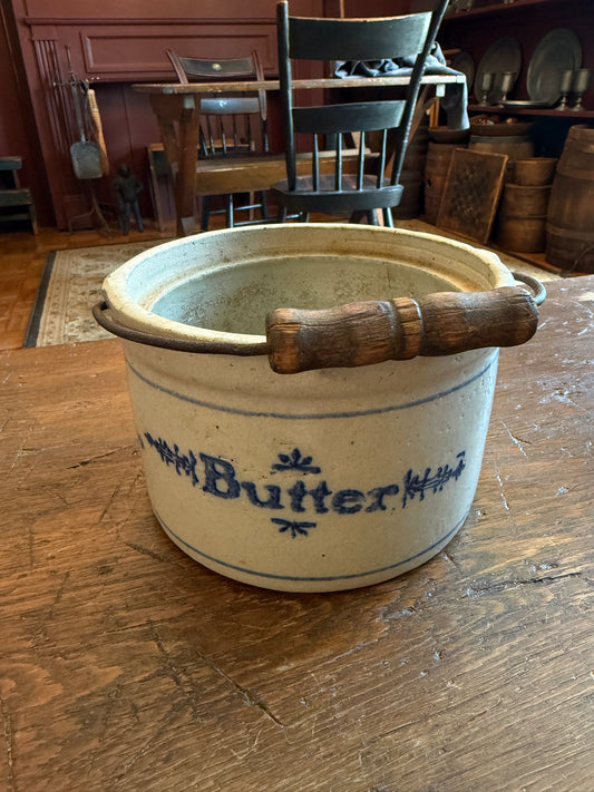 Butter Crock with Wooden Bail Handle/Cobalt Blue Decoration