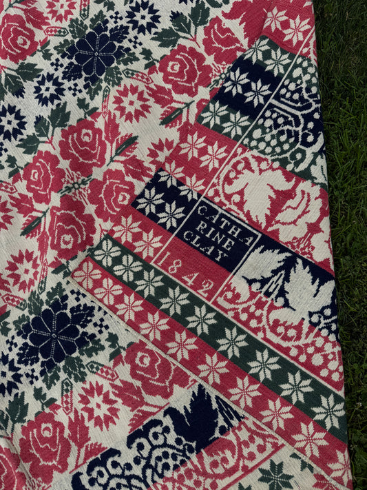 Rare 3-Color (Green/Red/Blue) Floral/Star Motif Signed Coverlet - Catherine Clay 1842