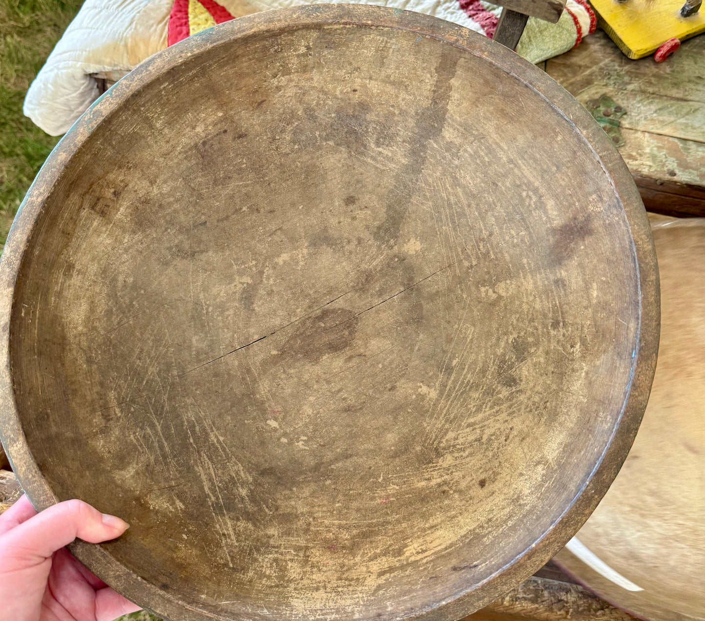 Early Wooden Bowl in Original Green Paint - 15”