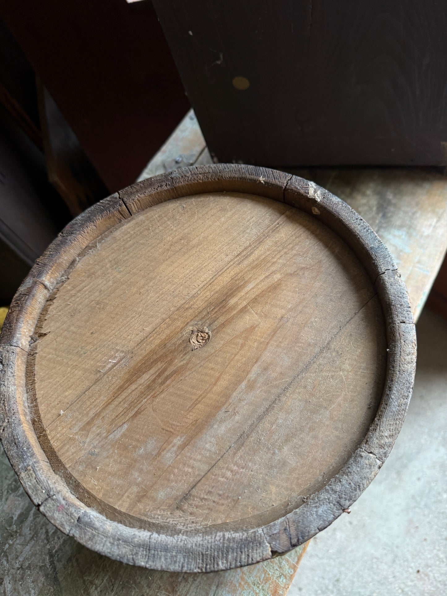Mid-1800s Wooden Staved Bucket in Original Blue/Green Paint