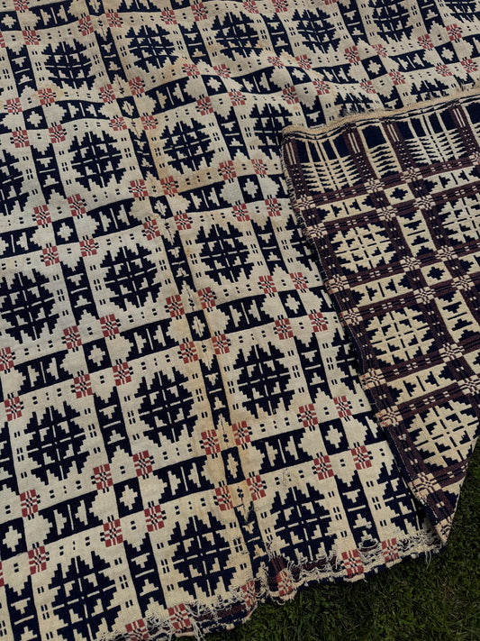 Mid-1800s Snowball & Pine Tree Pattern Antique Coverlet