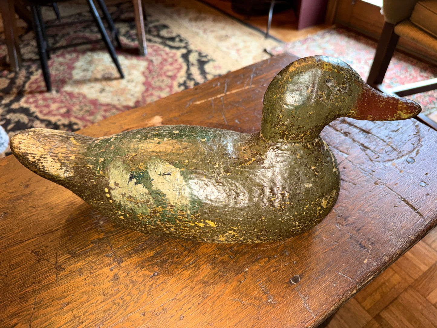 Early 1900s Mason Duck Decoy With Early Green and Brown Paint