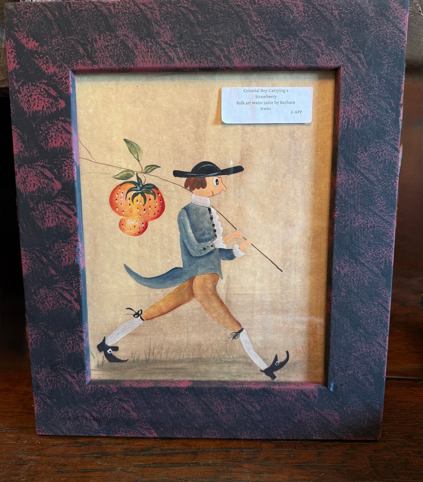 Folk Art Watercolor by Barbara Irwin - Colonial Boy Carrying Strawberry