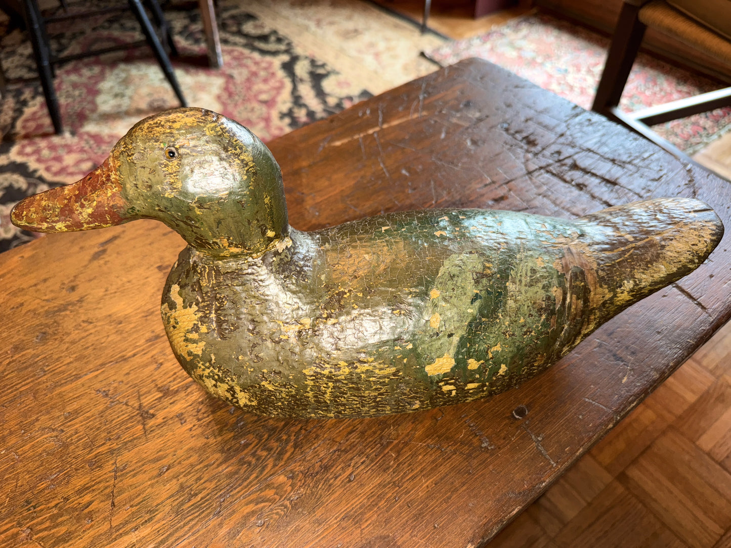 Early 1900s Mason Duck Decoy With Early Green and Brown Paint