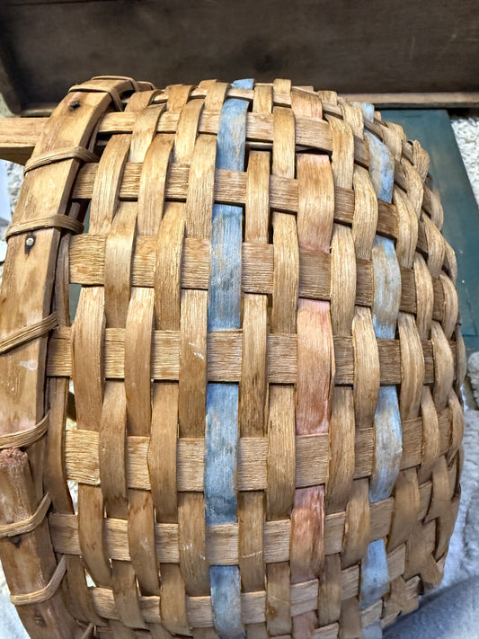 Early Handwoven Splint Basket with Blue/Red Painted Banding