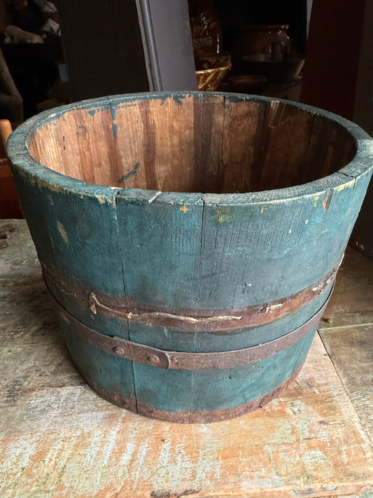 Mid-1800s Wooden Staved Bucket in Original Blue/Green Paint
