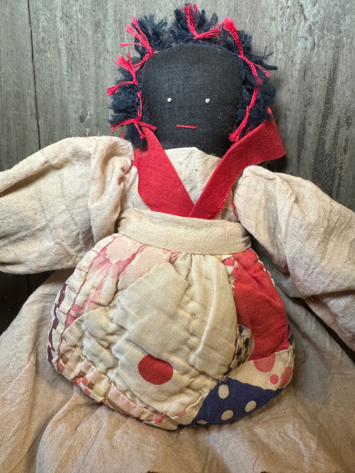 Handmade African American Cloth Doll with Patchwork Quilt Apron