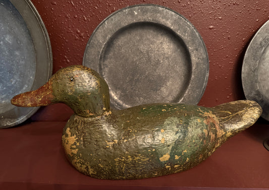 Early 1900s Mason Duck Decoy With Early Green and Brown Paint