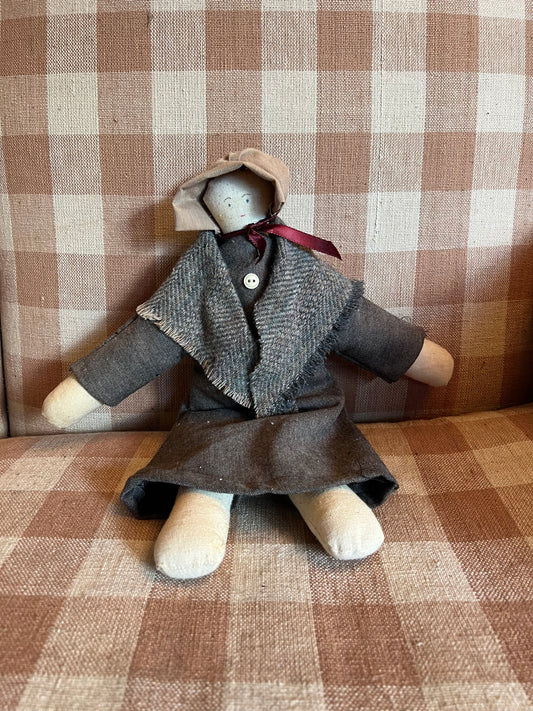 Early American-Style Settler Doll (Bonnet/Gray Dress)