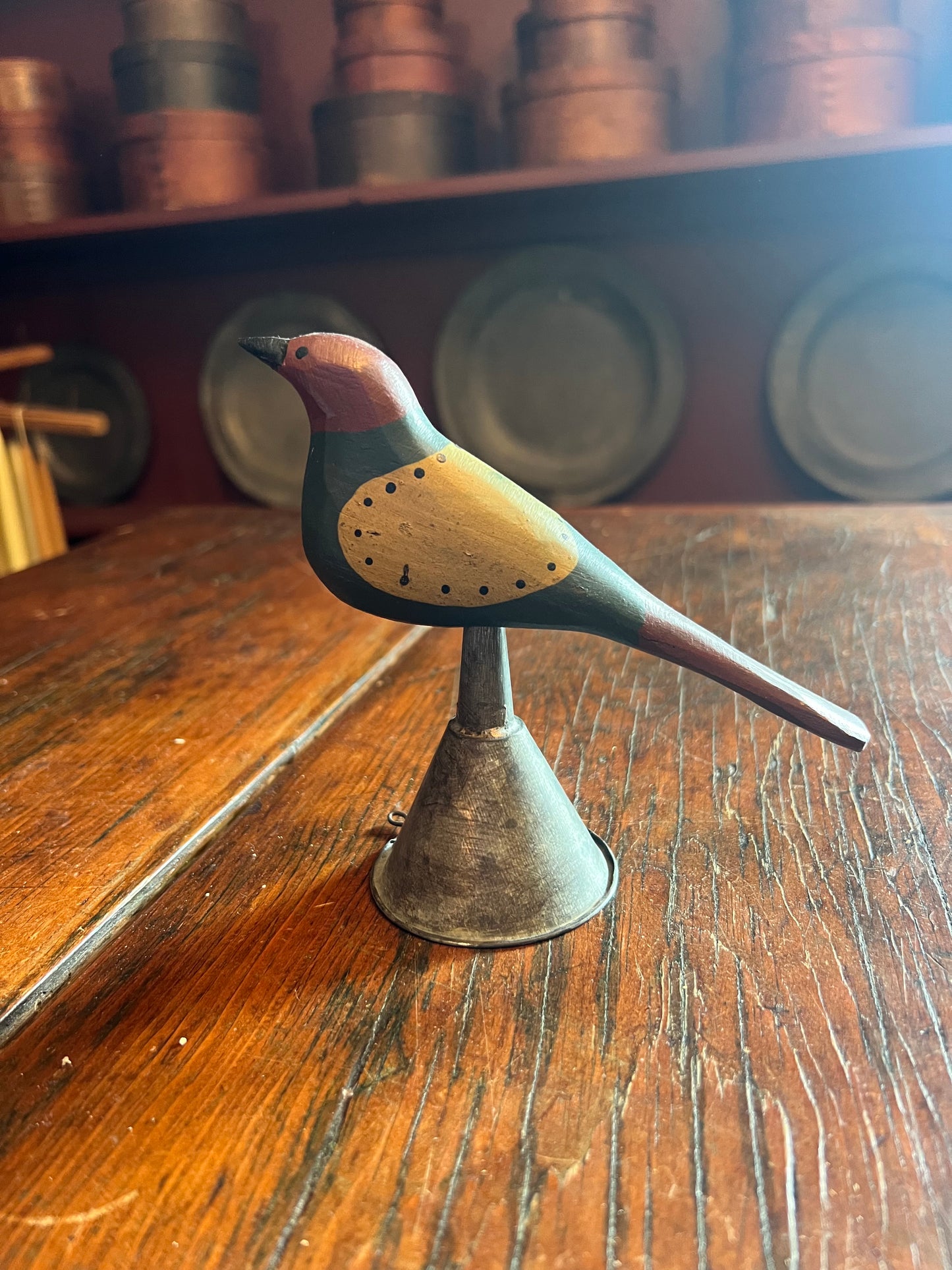 Hand Painted Folk-Art Bird on Metal Funnel Stand