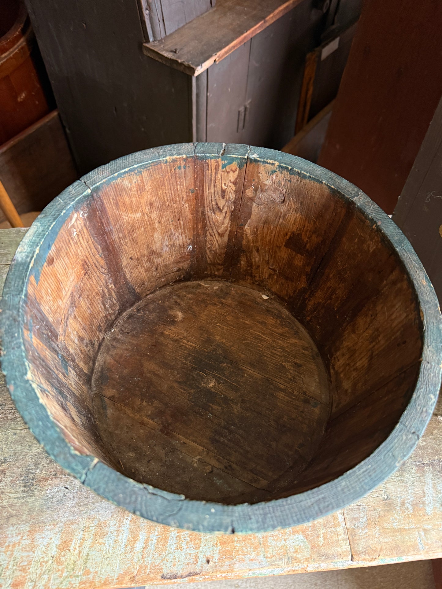 Mid-1800s Wooden Staved Bucket in Original Blue/Green Paint