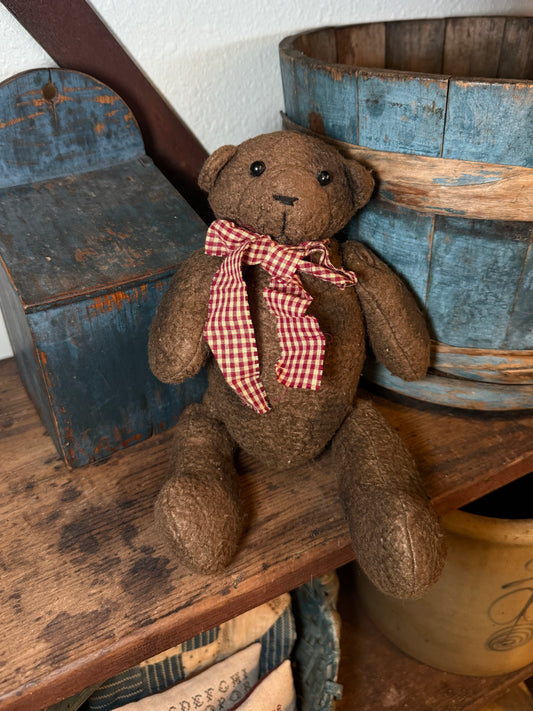 Brown Jointed Bear with Homespun Ribbon