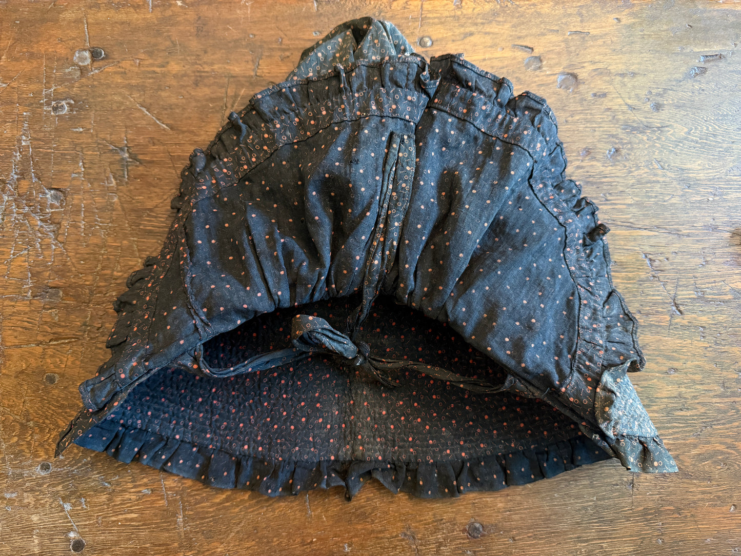 Antique Black Patterned Calico Prairie Bonnet (1880–1910)