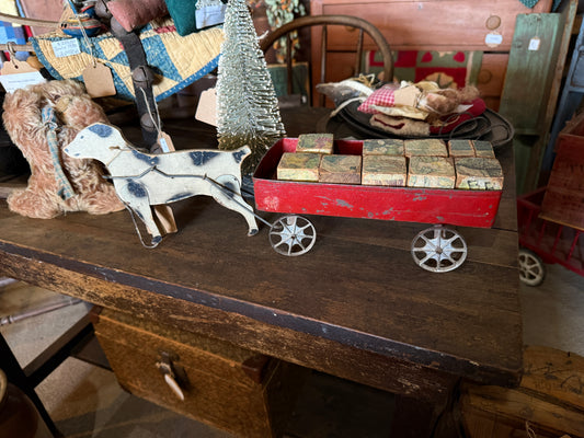 Late 1800s Antique Dog Pull Toy with Wagon & Blocks