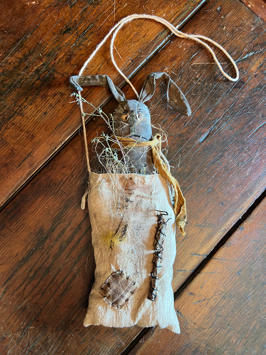 Handmade Folk Art Bunny in Tattered Sack