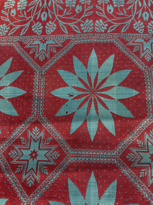 Rare 1853 Star of Bethlehem Half Coverlet in Turkey Red and Blue/Green