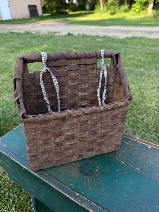 Grungy Burgandy/Brown Hanging Wall Basket with Homespun Fabric
