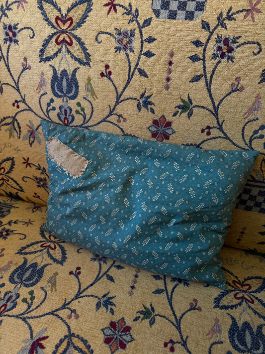 Blue Straw Filled Pillow with Patchwork