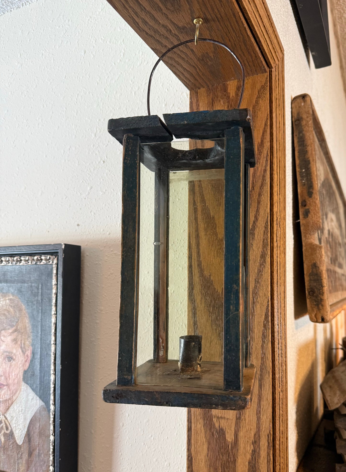 Early Original Blue Painted Wood Barn Lantern