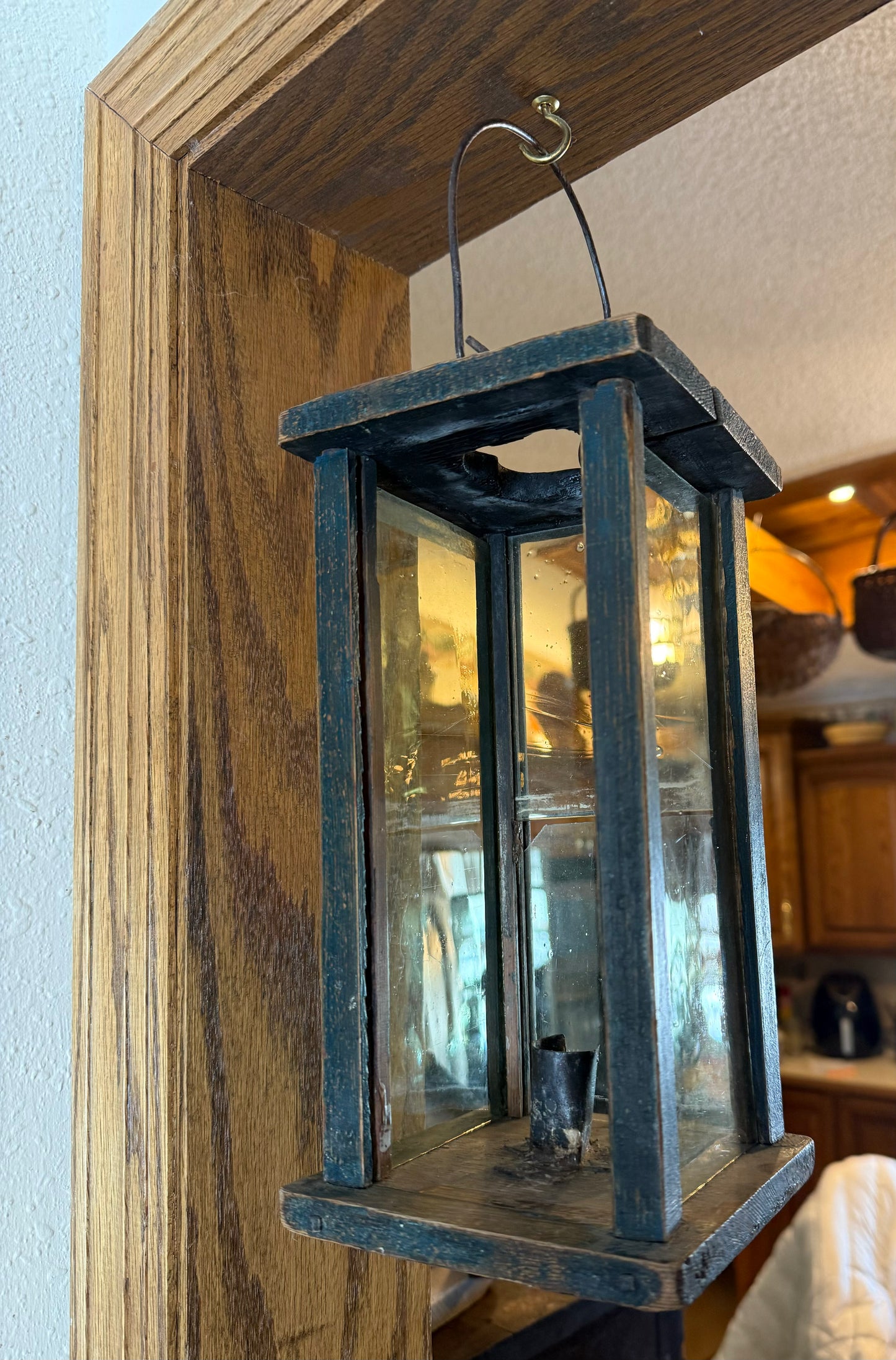 Early Original Blue Painted Wood Barn Lantern