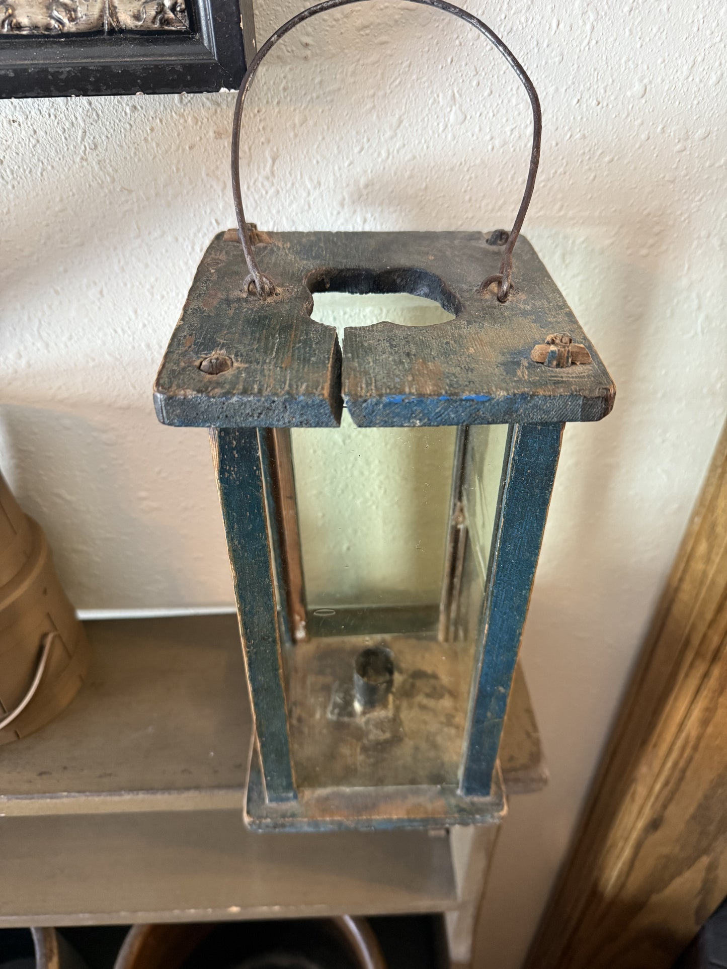 Early Original Blue Painted Wood Barn Lantern