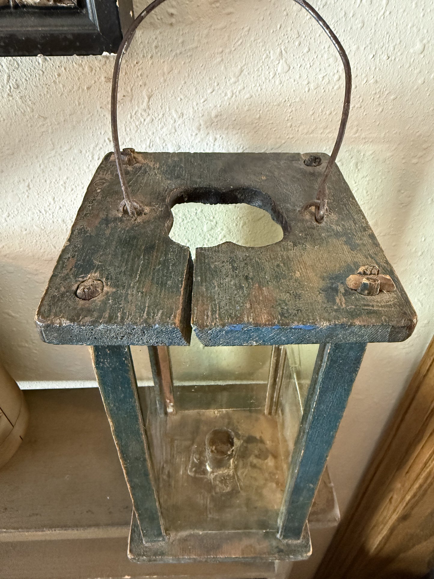 Early Original Blue Painted Wood Barn Lantern