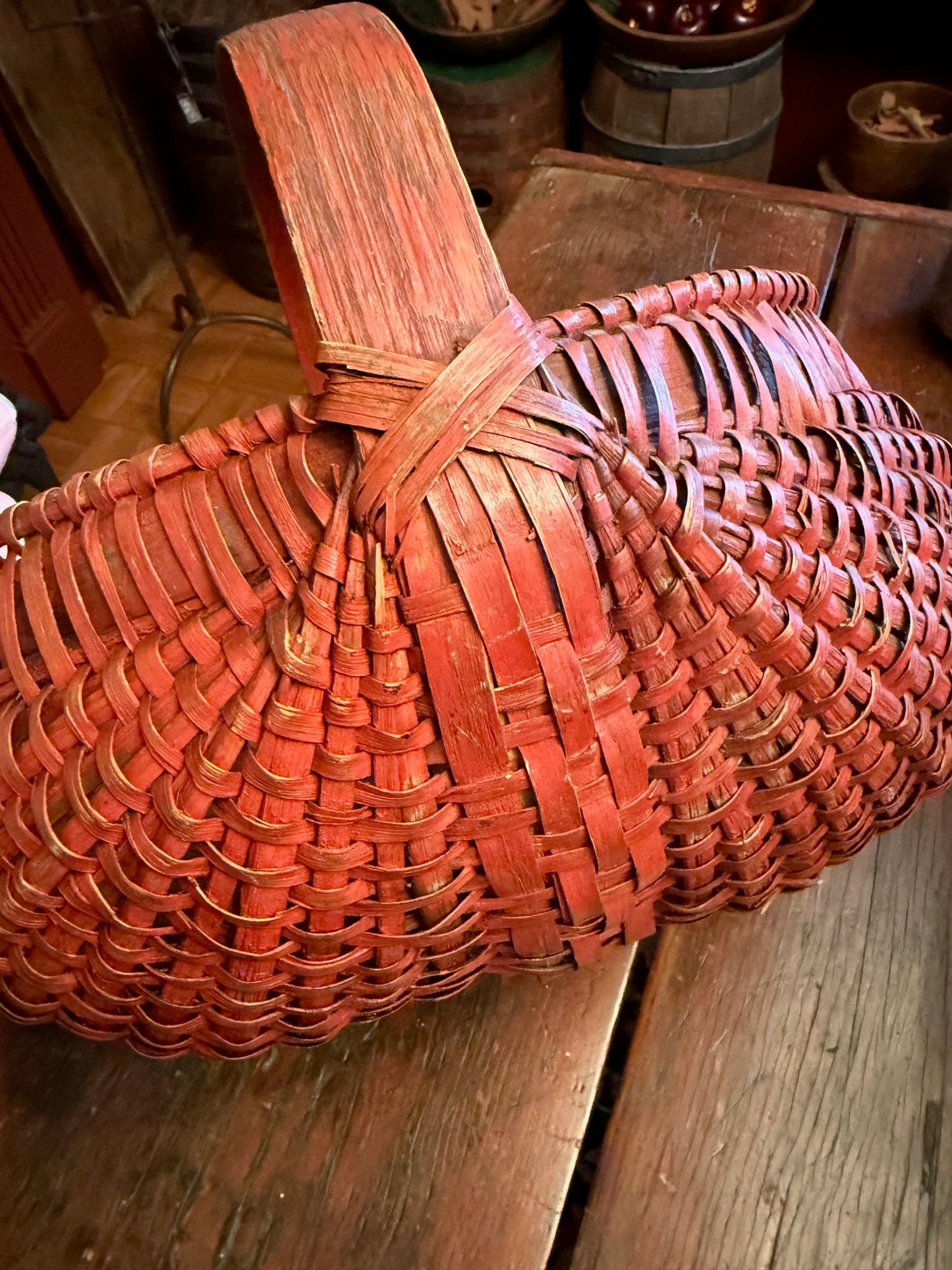 Incredible RARE Large Late 1800s-Early 1900s Buttock Basket in ORIGINAL Red Paint