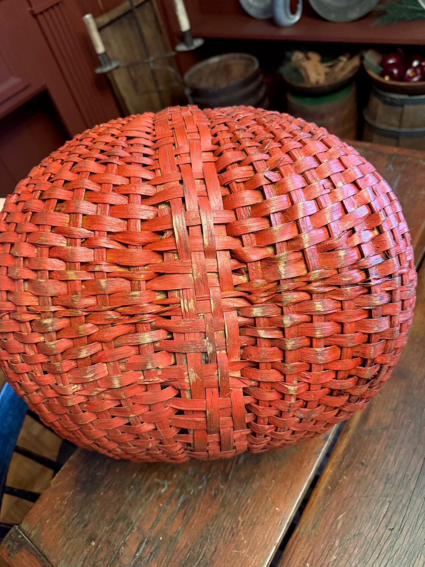 Incredible RARE Large Late 1800s-Early 1900s Buttock Basket in ORIGINAL Red Paint