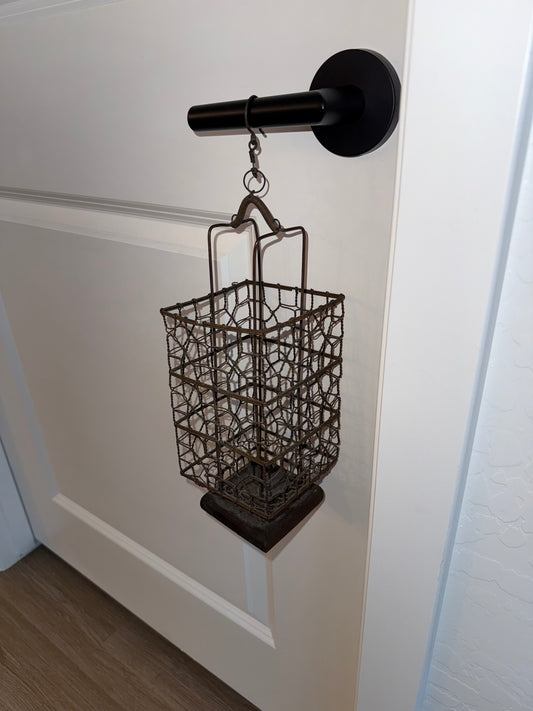 Unique Wire Cage Hanging Lantern with Wood Base