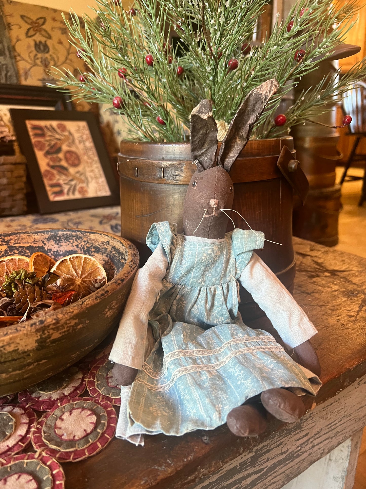 Primitive Bunny Dressed in Early Fabric Dress