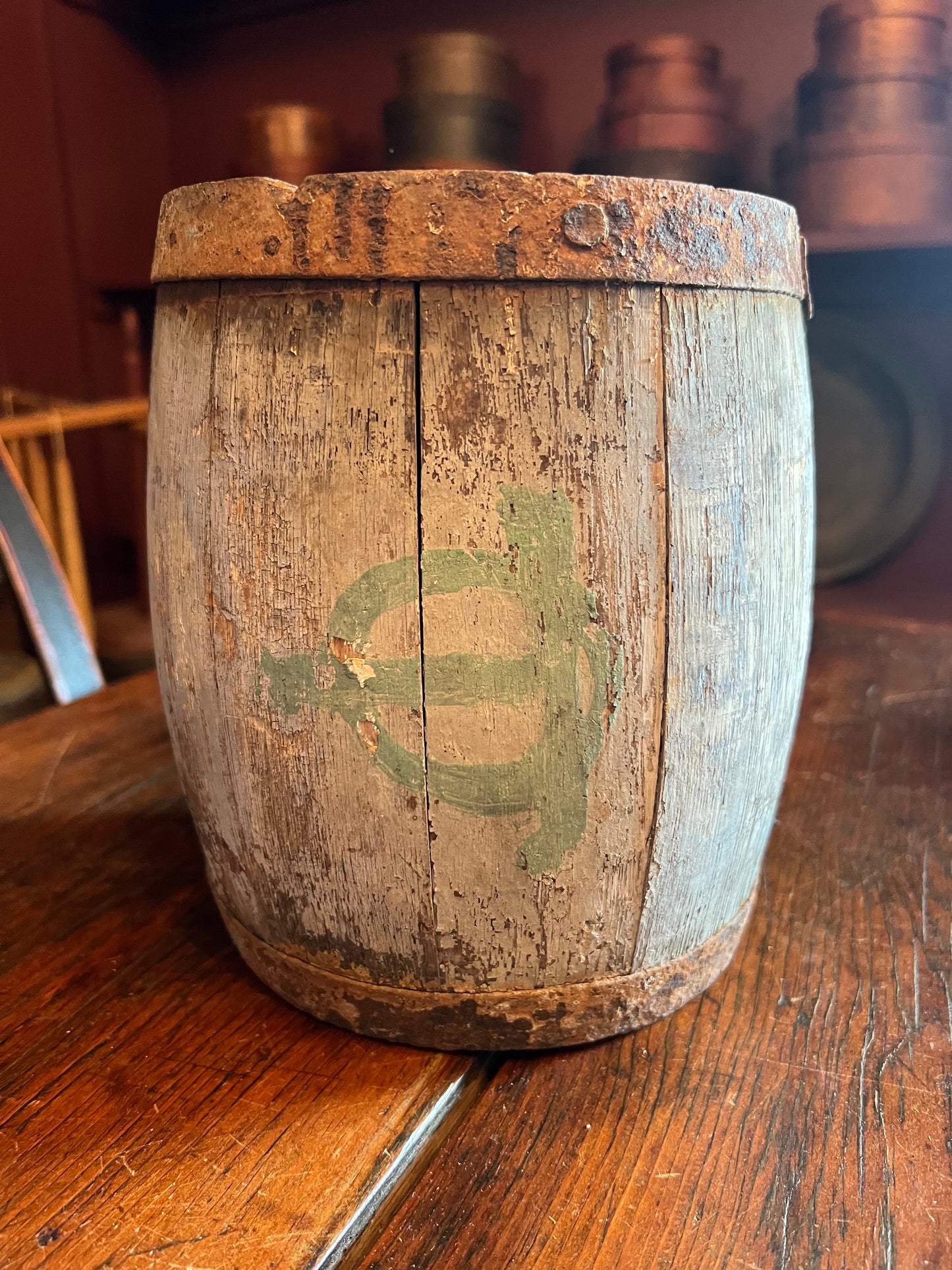 Blue Painted Stave Paint Pail/Bucket, Mid-Late 1800s