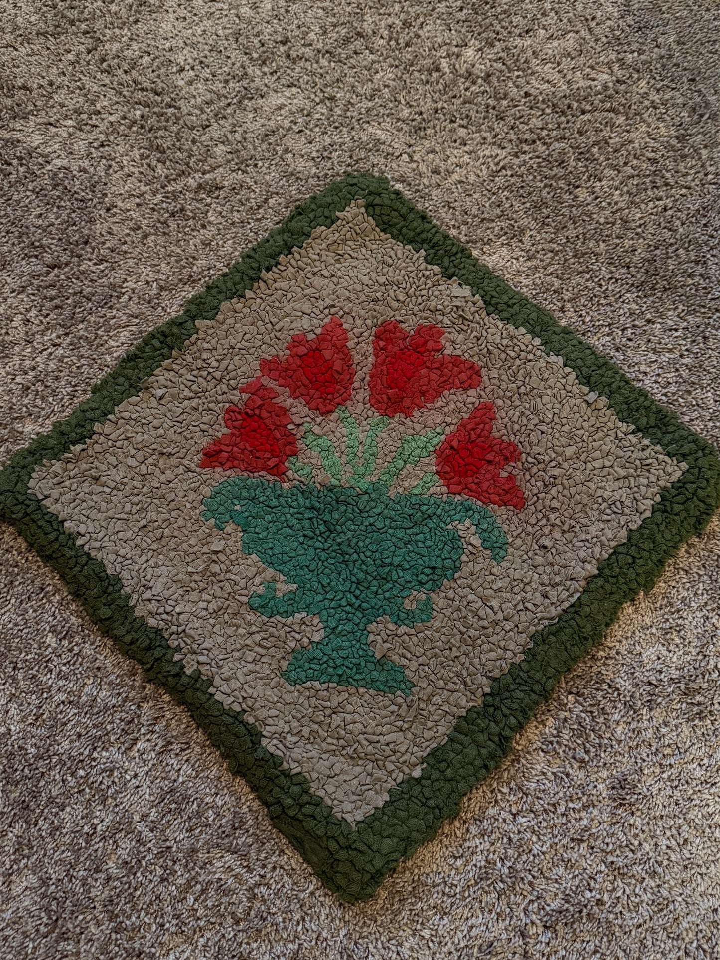Antique Hooked Rug Tulip Urn with Handstitched Initials on Back