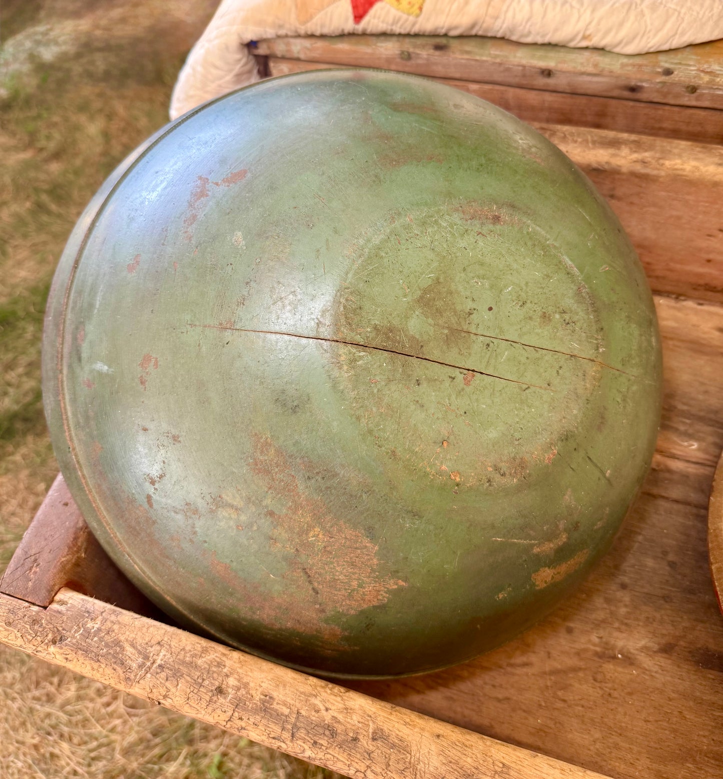 Early Wooden Bowl in Original Green Paint - 15”