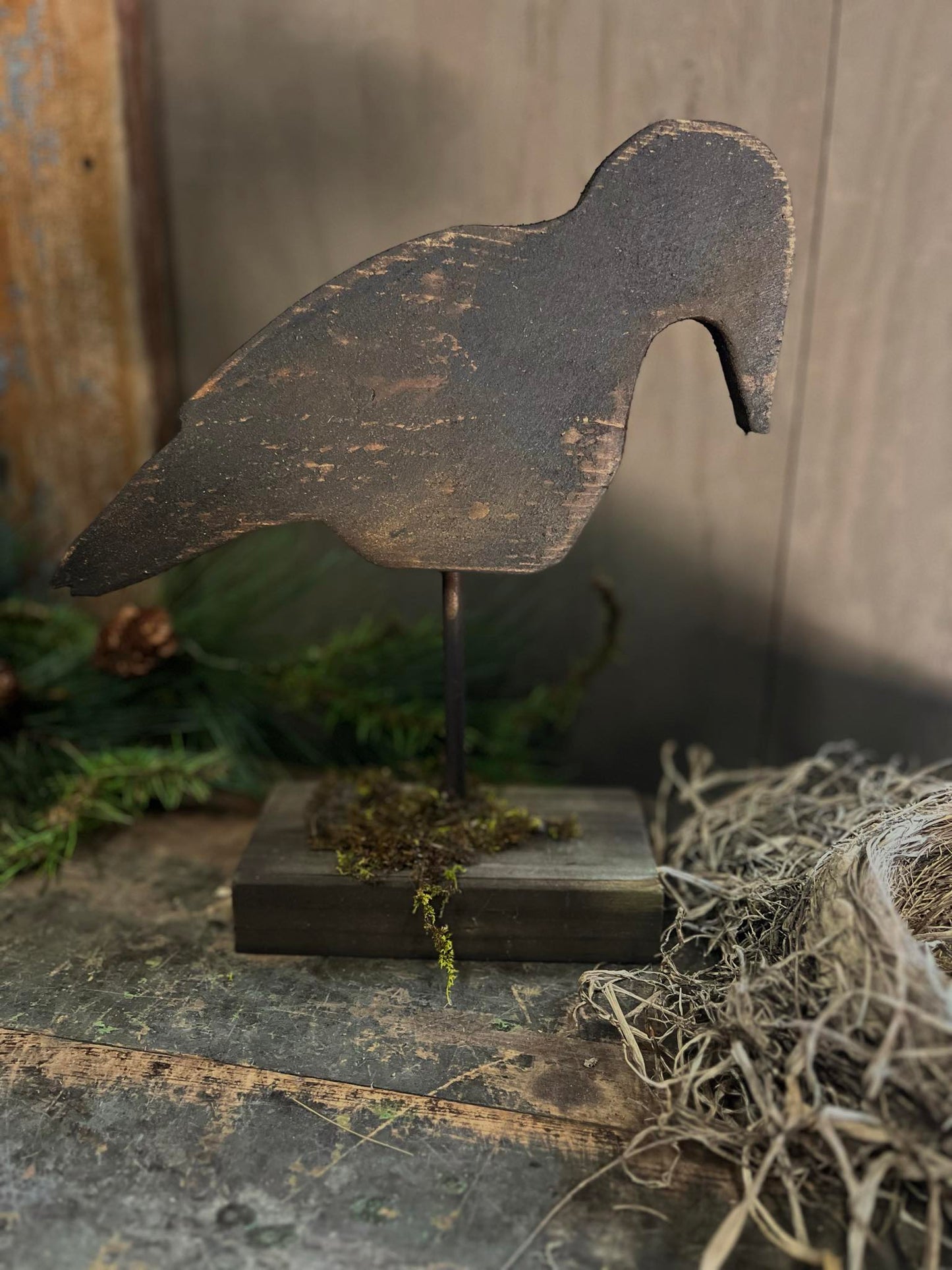 Large Wooden Crow on Stand