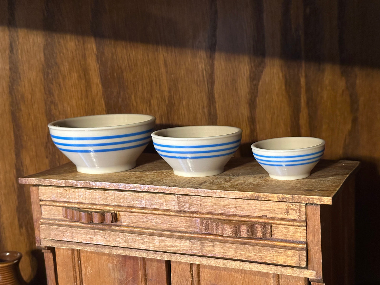 Set of 3 Miniature Faux Stoneware Bowls (Blue Stripe)