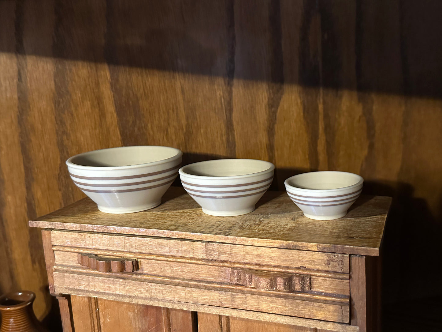 Set of 3 Miniature Faux Stoneware Bowls (Brown Stripe)